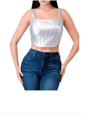 Japna Metallic Faux Leather Corset-Style Crop Top Women's Large Silver